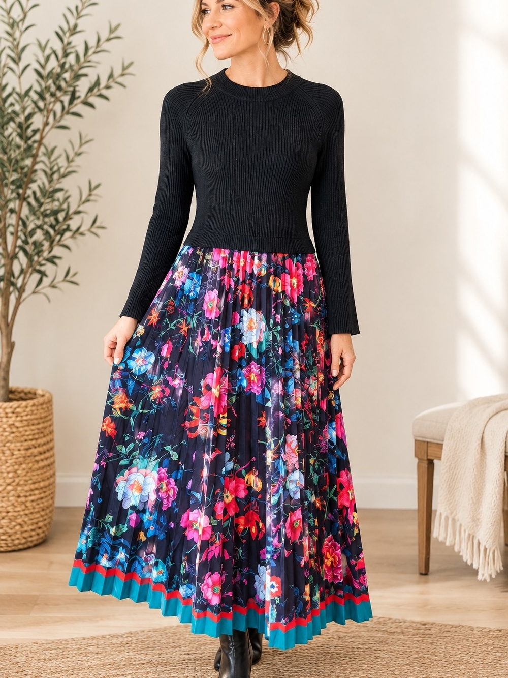 Dalia Macphee Floral Pleated Midi Dress Black Knit Ribbed Bodice Fall Wedding